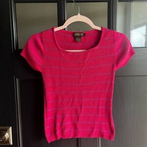 100% Silk Hot Pink Striped Rib Knit Cropped Short Sleeve Top Cap Sleeve